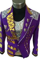 Handmade Fashion Man Gold Mirrors Sequins Decoration Suit Jacket Stage Show Performance Coat Club Singer Ds Dancewear