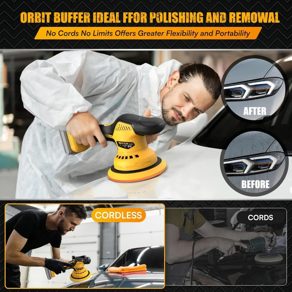 Cordless Car Buffer Polisher Kit, 6-Inch Brushless Dual Action, 8-Speed 5500RPM, Lightweight with 14 Accessories