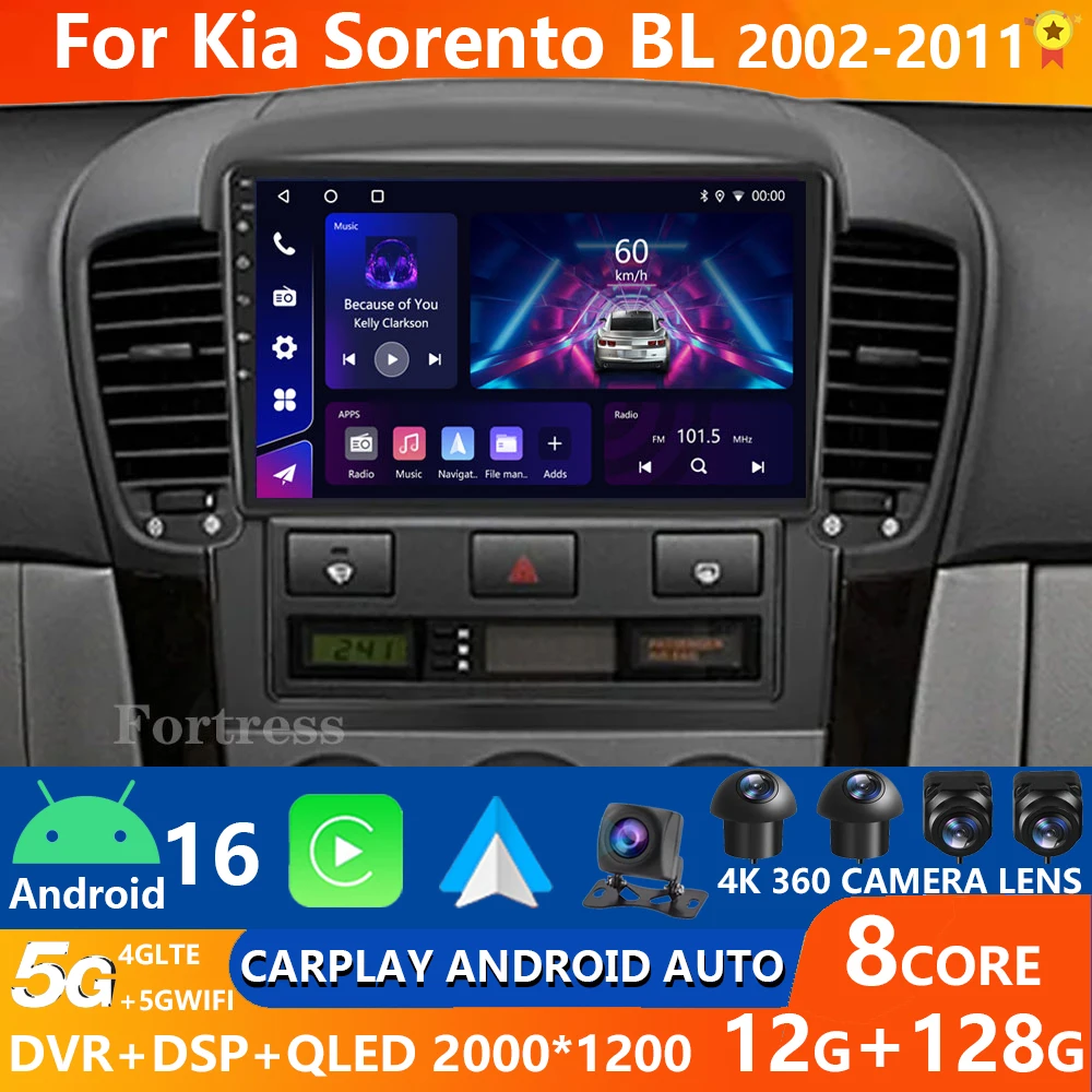 Android 16 rádio do carro estéreo carplay para kia sorento bl 2002 - 2011 auto multimidia player de vídeo navegação gps 2din dvd 5g wifi
