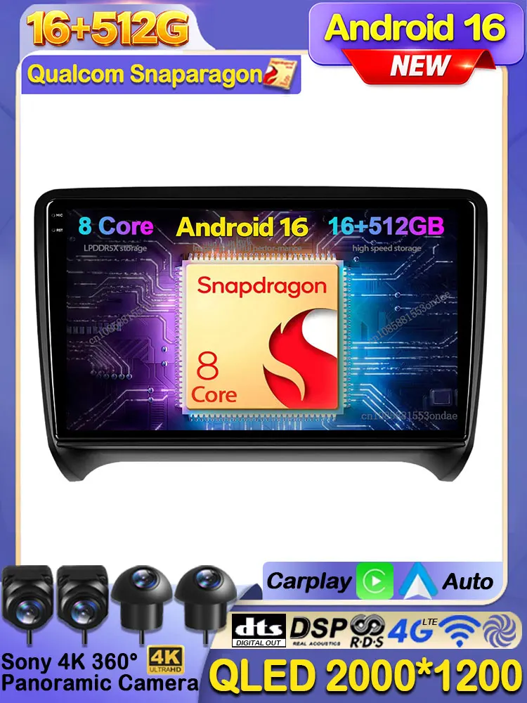 Autoradio Android 16 für Audi TT MK2 8J 2006 2007 - 2014 Stereo 5G WIFI DVD DSP Qualcomm BT Videoplayer Wireless Carplay Auto