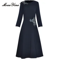 MoaaYina Autumn Fashion Designer Dark Blue Vintage Dress Women O Neck Long Sleeve Embroidery Sequins High Waist Slim Mini Dress