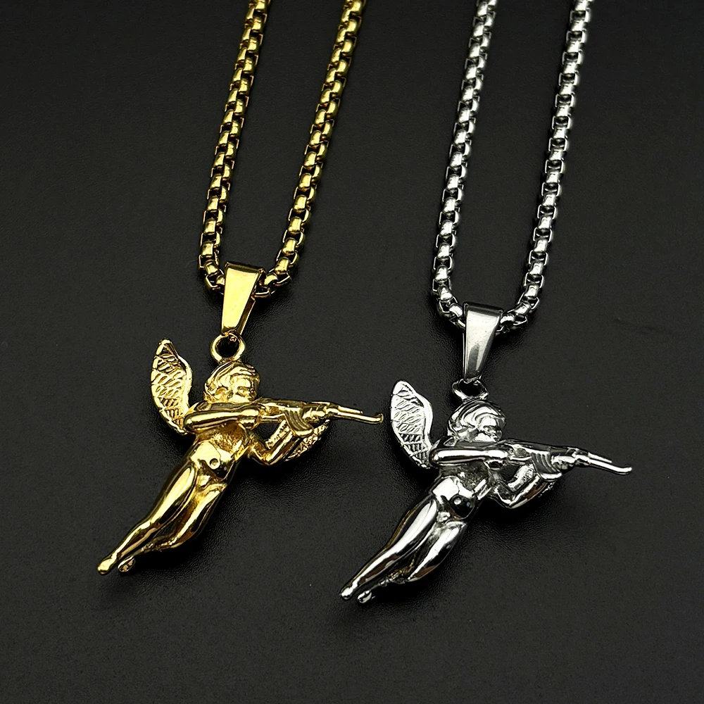 Collier pendentif ange Cupidon chérubin chrétien avec pistolet pour femmes et hommes, chaîne en acier inoxydable couleur or et argent, cadeau de bijoux pour couple