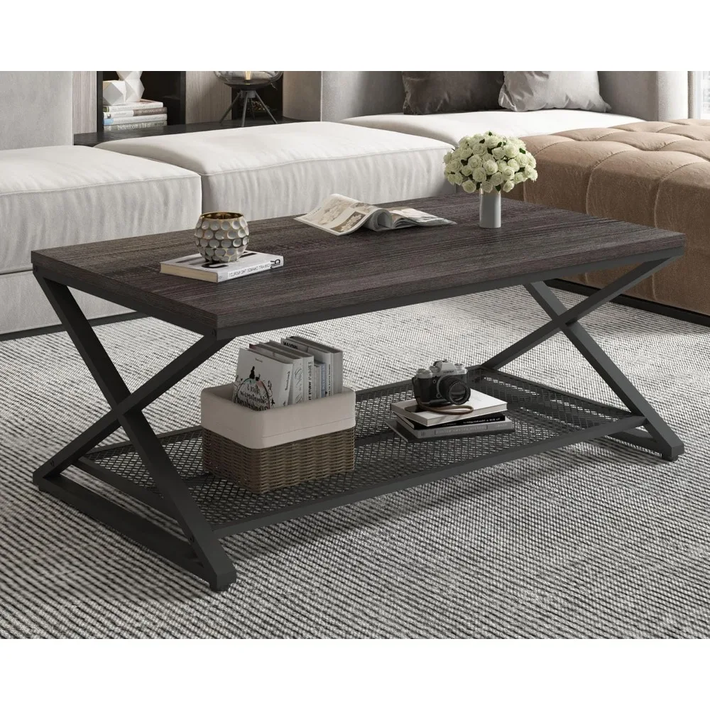 Industrial Grey Coffee Table, 2 Tier Wood Living Room Table, Wooden Rectangle Center Table Storage, Low Cocktail Tea Table