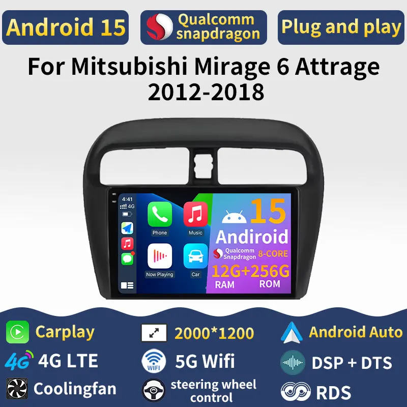 Android 15 Carplay For Mitsubishi Mirage 6 Attrage 2012 2013 2014 2015 2016 2018 Auto 5G WIFI Audio Car Radio Video Head Unit BT