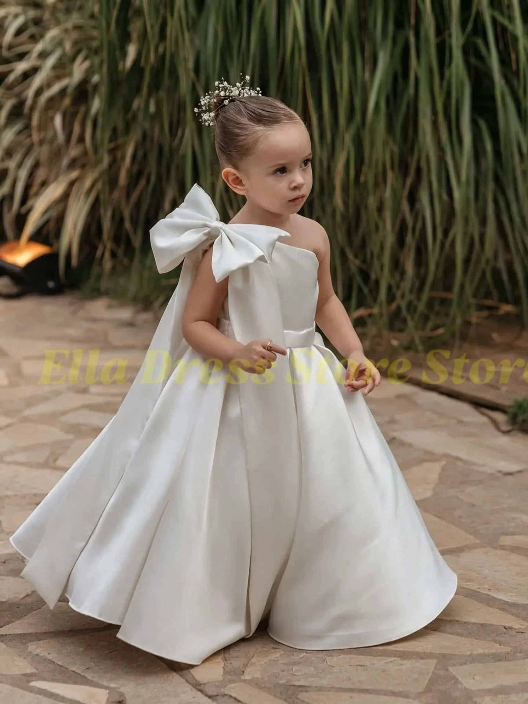 Weiße Blumenmädchenkleider für Hochzeiten, bodenlange Satin-Kleider für Mädchen, Baby-Mädchen-Ballkleid für Fotoshootings, Prinzessinnenkleider für die Erstkommunion – Detail 7