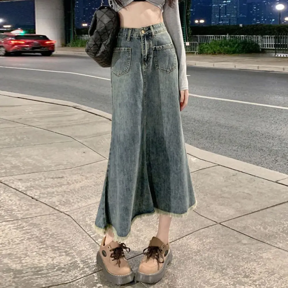 تنورة كلاسيكية عالية الخصر من قماش الدنيم للنساء بتصميم عتيق بلون سادة على شكل حرف a نصف فستان أنيق فضفاض عالي الخصر تنورة طويلة يوميًا #5