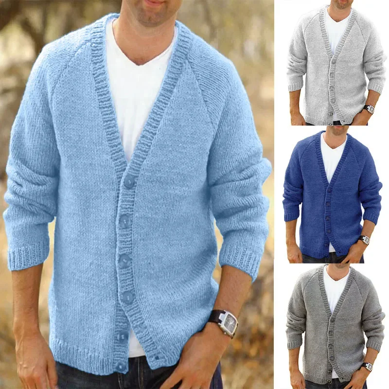 

Solid Color V Neck Cardigan for Men Casual Coat Autumn and Winter Knitted Cardigan Mens Button Sweater