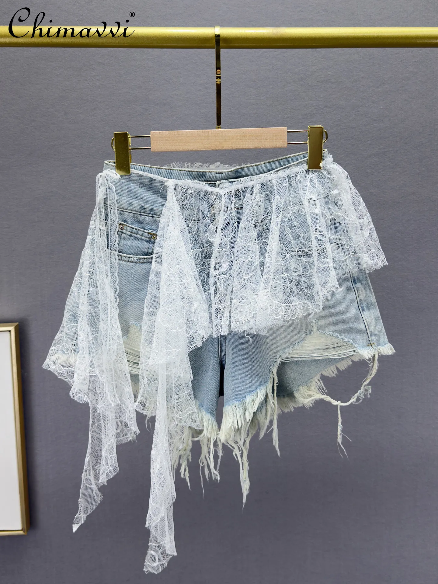 

Ripped Denim Shorts Women's 2026 Summer Clothes New Fashion High Waist Loose Slimming European Style Lace Wide Leg Hot Pants