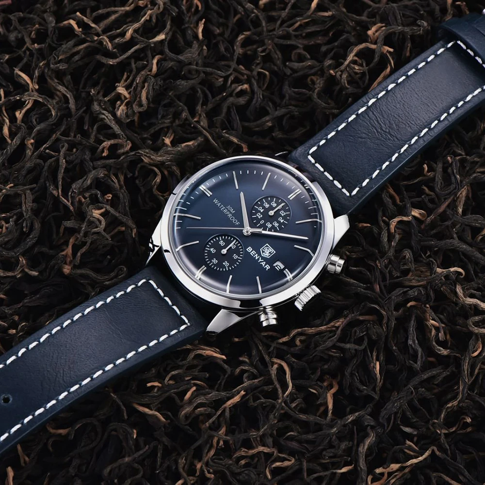 Top BENYAR luxury brand sports quartz watch luxury 30M waterproof chronograph fashion leather military clock Relojes Hombre+box