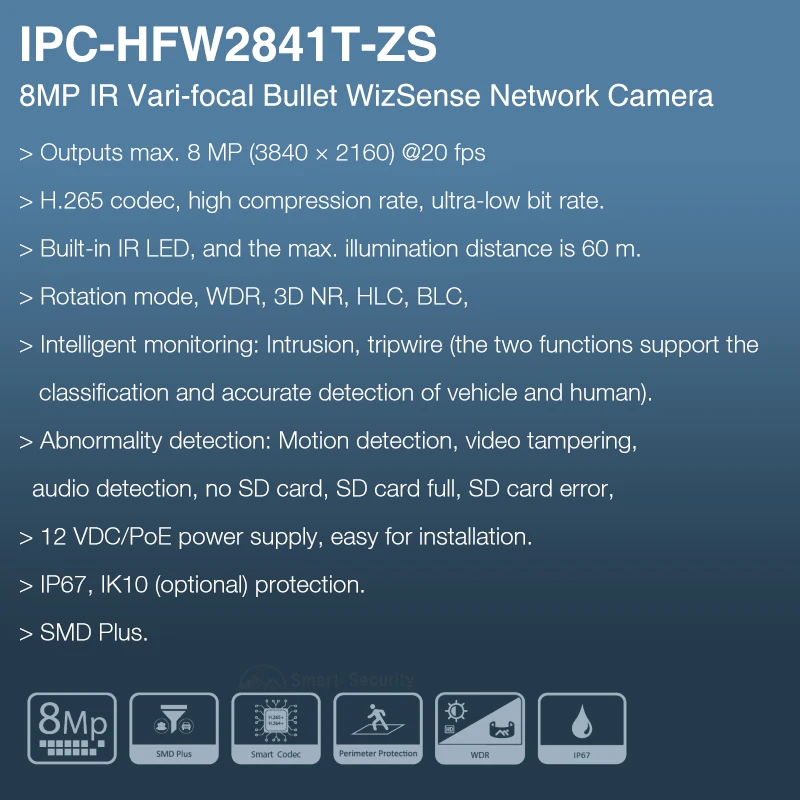 Dahua Wizsense 4MP 8MP Camera 2.7–13.5 mm Motorized Vari-focal 2K 4K CCTV Night Vision 40m IP67 IK10 IPC-HFW2441T-ZS HFW2841T-ZS