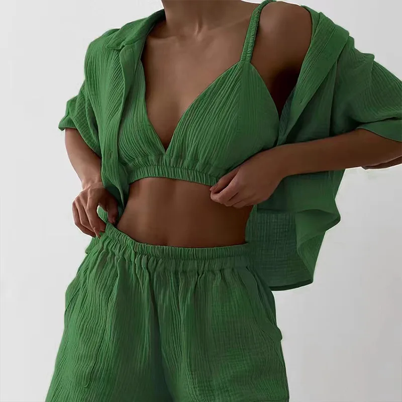 

Solid Color Cardigan Shorts 3 Piece Set New Lady's Loungewear Sleepwear Sleeve Pajamas Sets Style Casual Homewear 2pcs