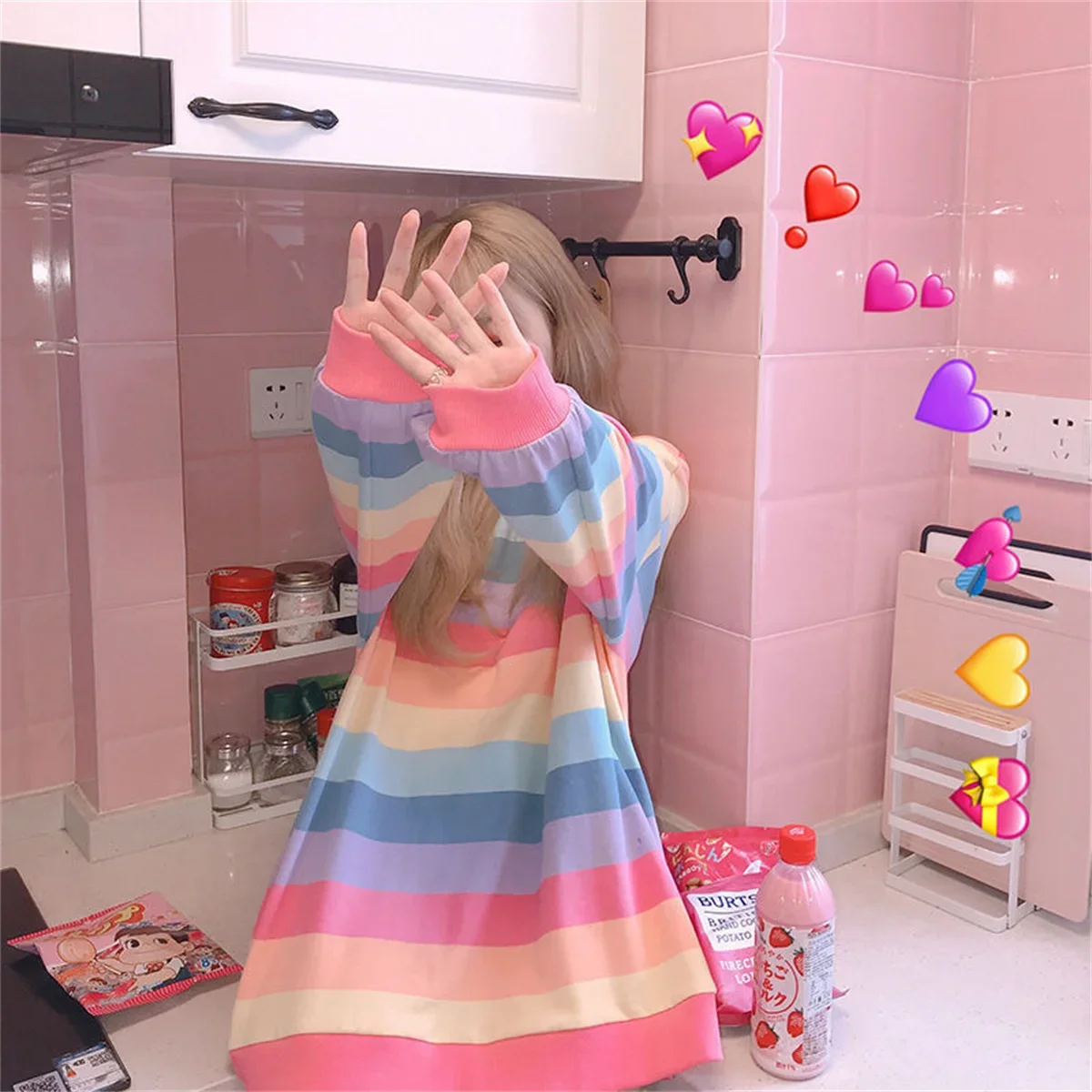 Pink Rainbow Striped Oversized T Shirts For Women Kawaii Summer Long Sleeve O-neck Shirt Korean Ladies Fleece Sweetops Tshirt