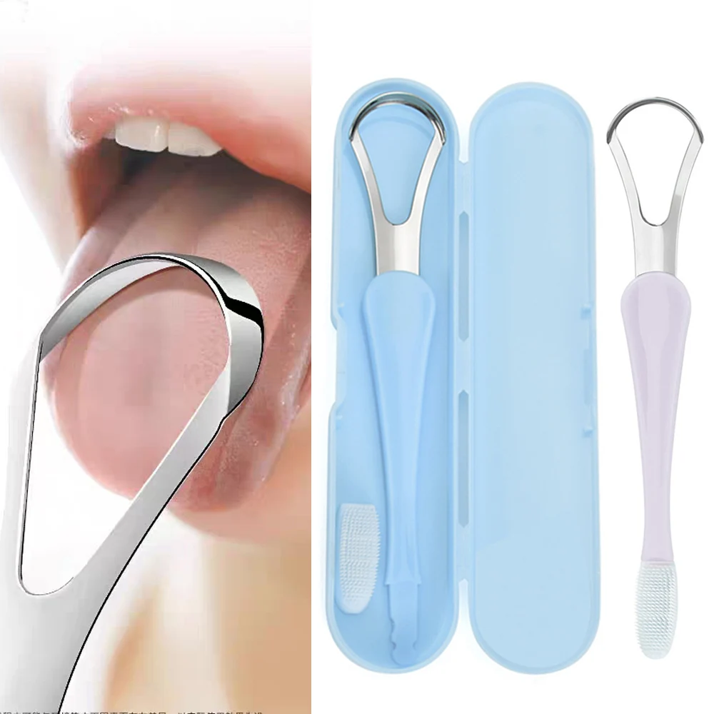 Dupla cabeça raspador de língua, aço inoxidável, reutilizável, ultra-fino, portátil, mais limpo, remover o mau hálito, Oral Care Tool, 1pc