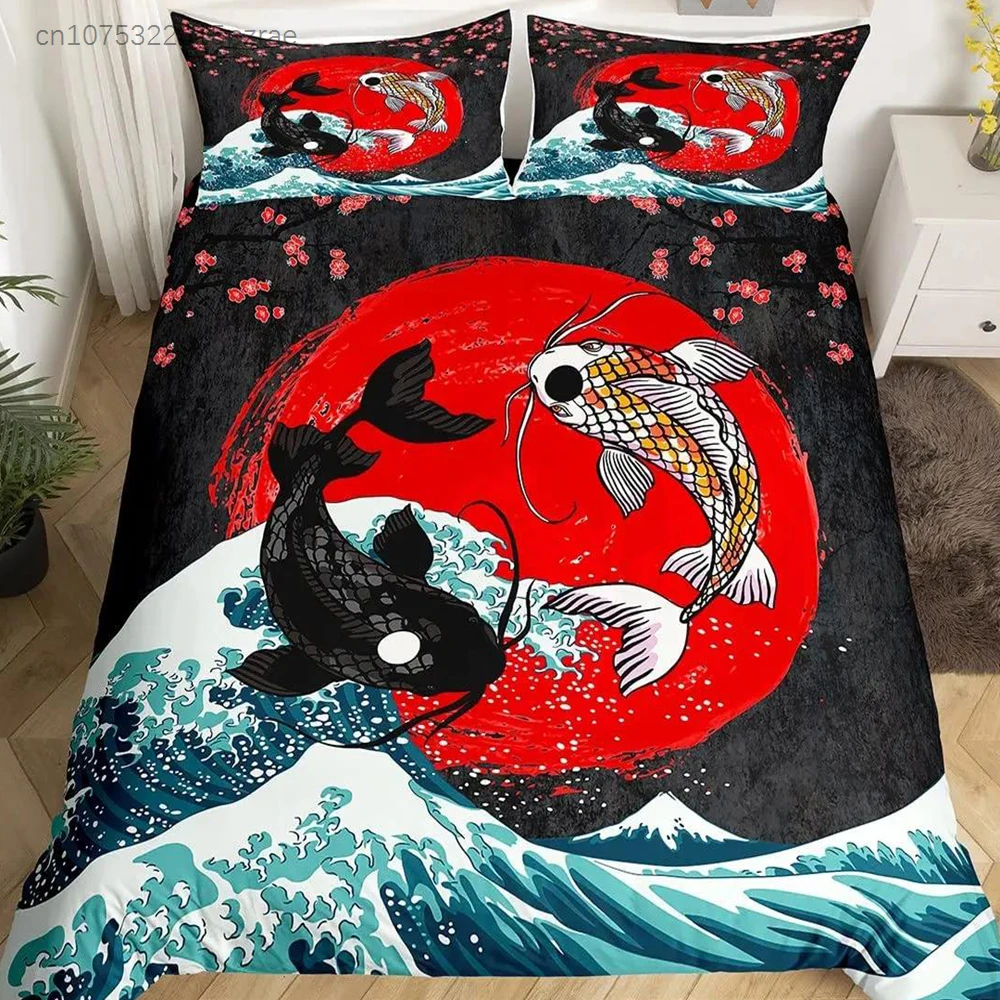 Japanese Goldfish Duvet Cover Set Fantasy Yin Yang Cherry Blossom Flowers Comforter Cover Set Blue Sea Wave Breathable Bedding