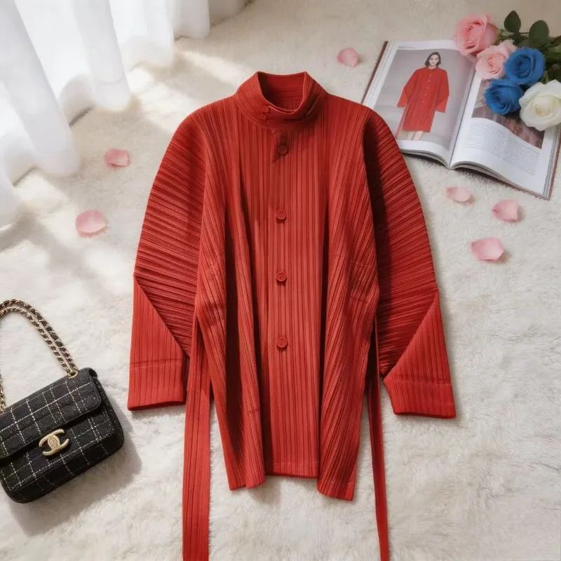 Плиссированный кардиган Miyake High-End 2026: модный повседневный свободный однотонный кардиган с длинными рукавами для женщин
