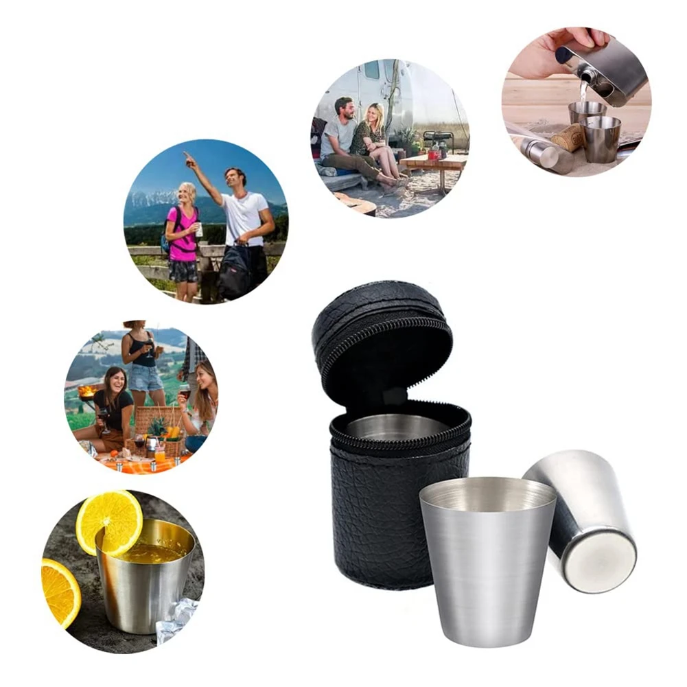 Polished 30Ml Mini Stainless Steel Shot Glass Cup Drinking Wine Glasses with Leather Cover Bag for Home Kitchen Bar