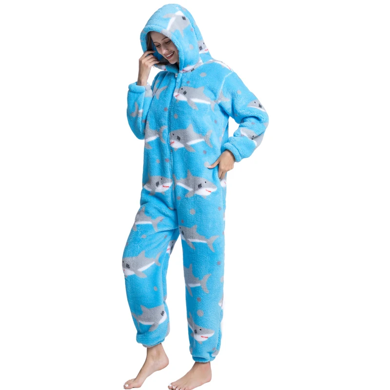 Warm Shark Print Onesies For Adults Plush Pijamas Kigurumi Anime Pajamas Women Cosplay Costume Men One-Piece Pyjamas Halloween