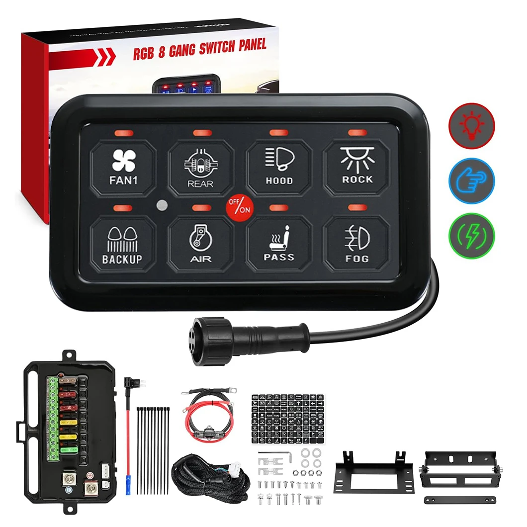 

ABILKEEN 8 Gang Intelligent Touch Switch Panel ON-OFF DC12-24V Automotive Circuit Control Relay System with RGB LED Backlight