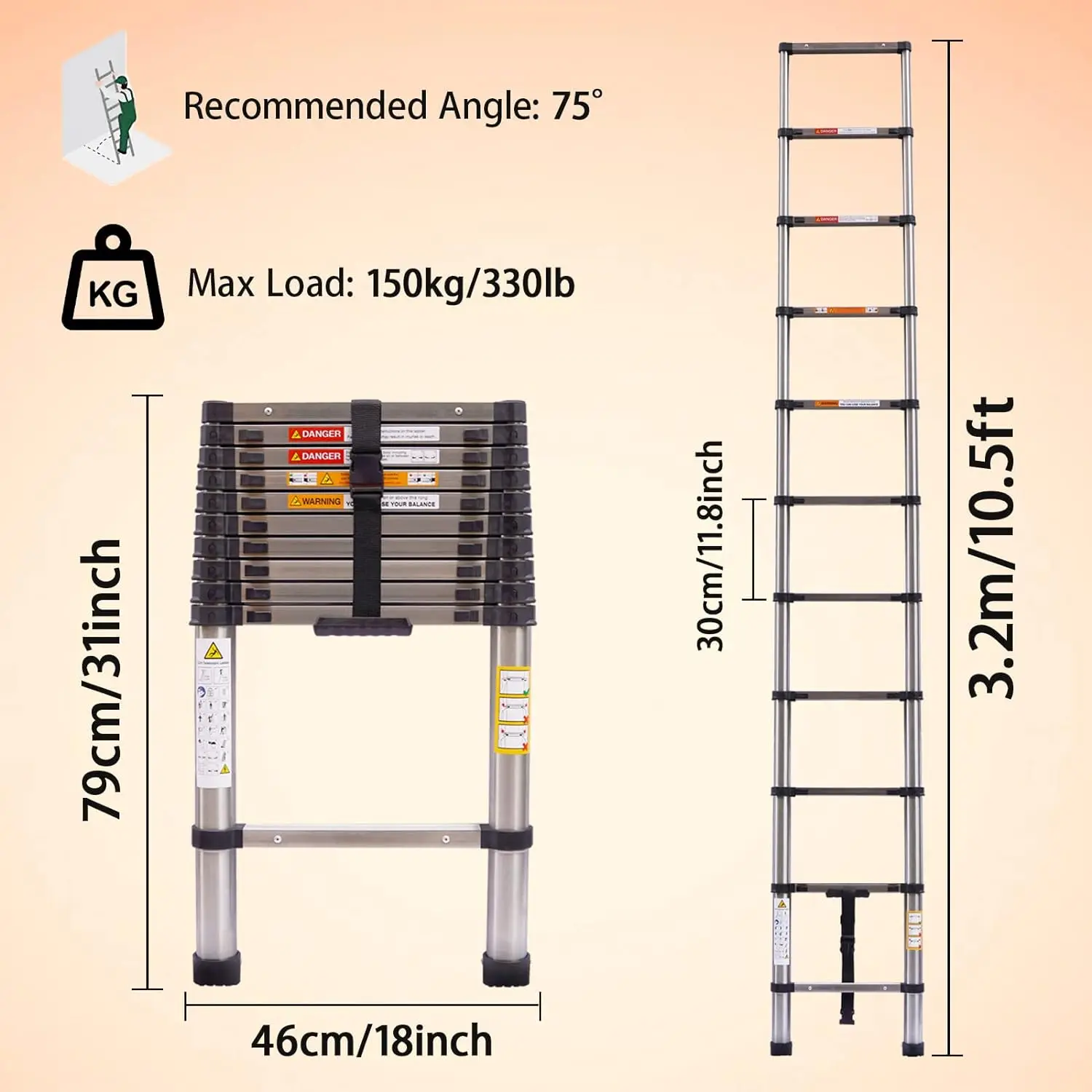 DayPlus Telescopische Ladder Roestvrijstalen Vouwladder Draagbare Uitschuifbare Loft Ladder Capaciteit Max. Belasting 150kg/330lb, EN131