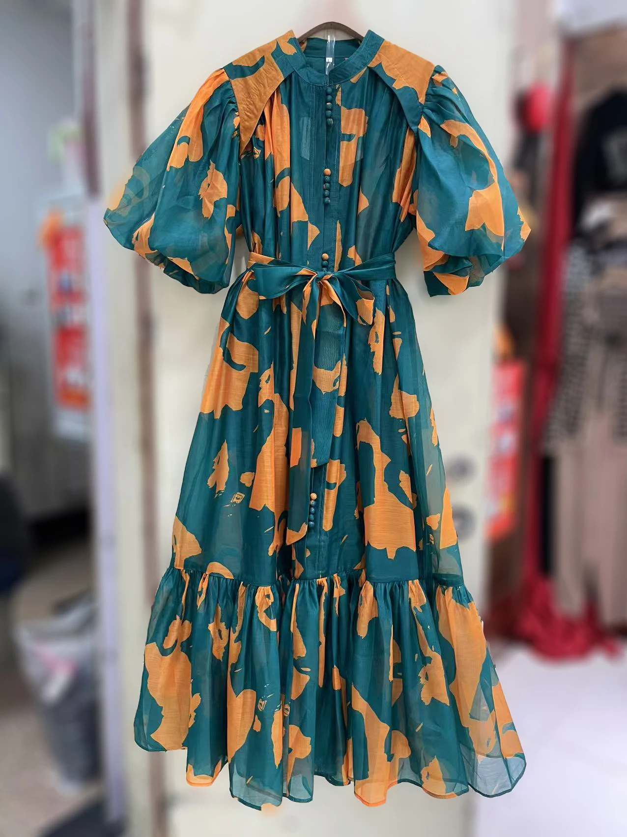 SEQINYY Elegant Midi Dress Summer Spring New Fashion Design Women Runway High Street Puff Sleeve Vintage Print Flower Loose Belt