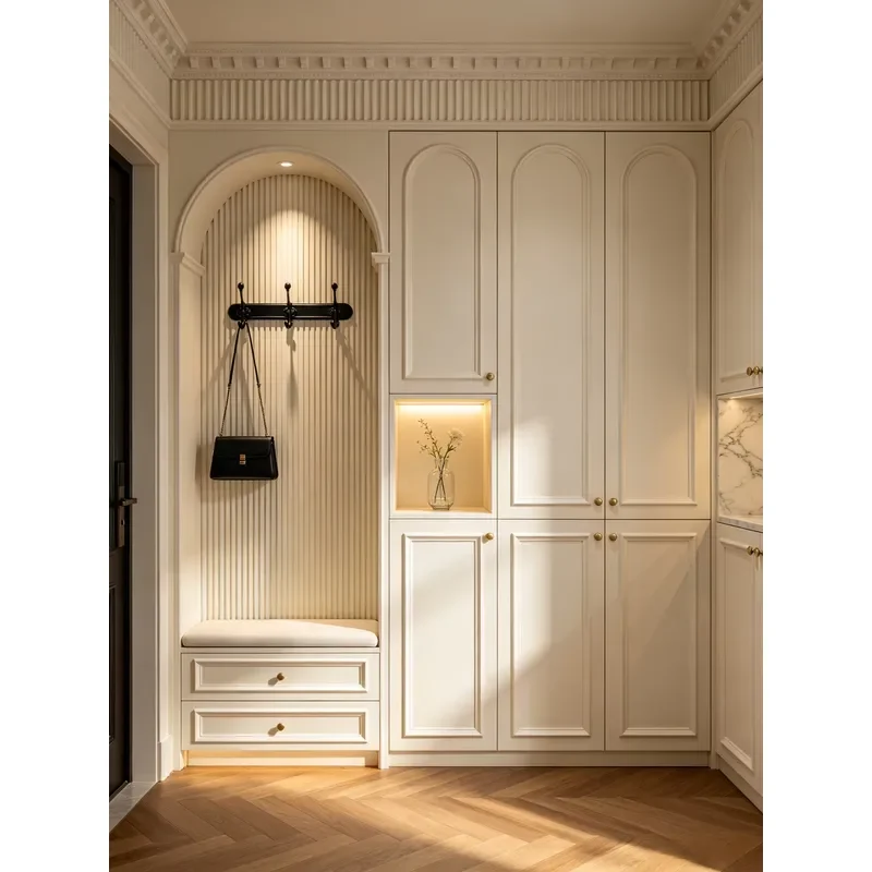 Customized full-wall foyer storage unit Customized arched groove locker with hook LED display locker for home entrance