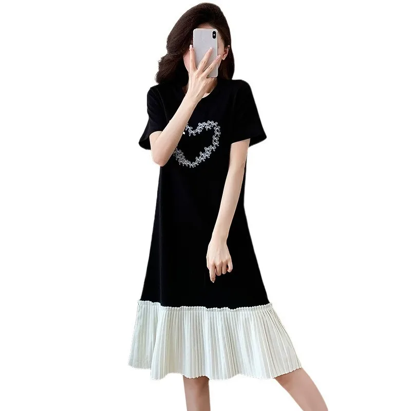 Vrouwen Casual Lange Jurk 2025, Zomer Geplooide Stiksels, Middellange Jurk, Dames Koreaanse Stijl Slanke Ronde Hals T-shirt Losse Jurk