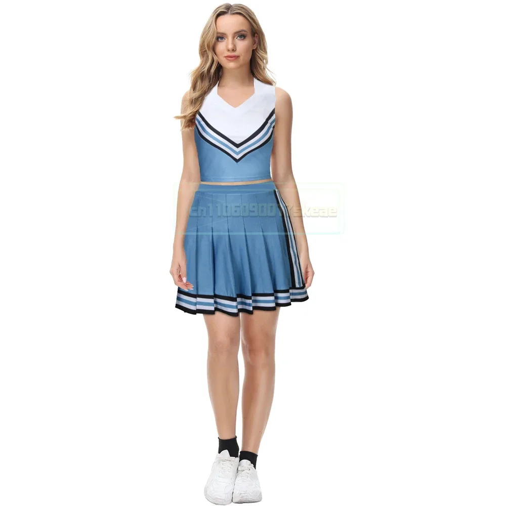 

Olivia Cheerleader Uniform Princess Top Skirt Blue White Cheerleading Outfits Halloween Party Costume for High School Girls