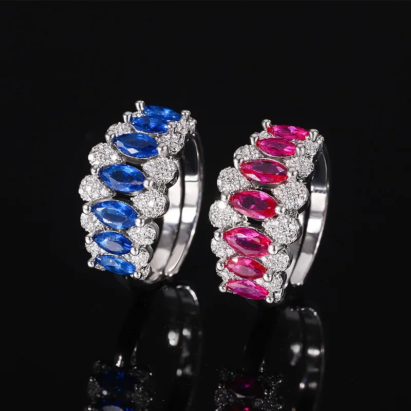 

Adjustable Multi Color Oval Gemstone Ring Elegant Blue Red Crystal Zirconia Design Women Fashion Jewelry Wedding Gift for Guest