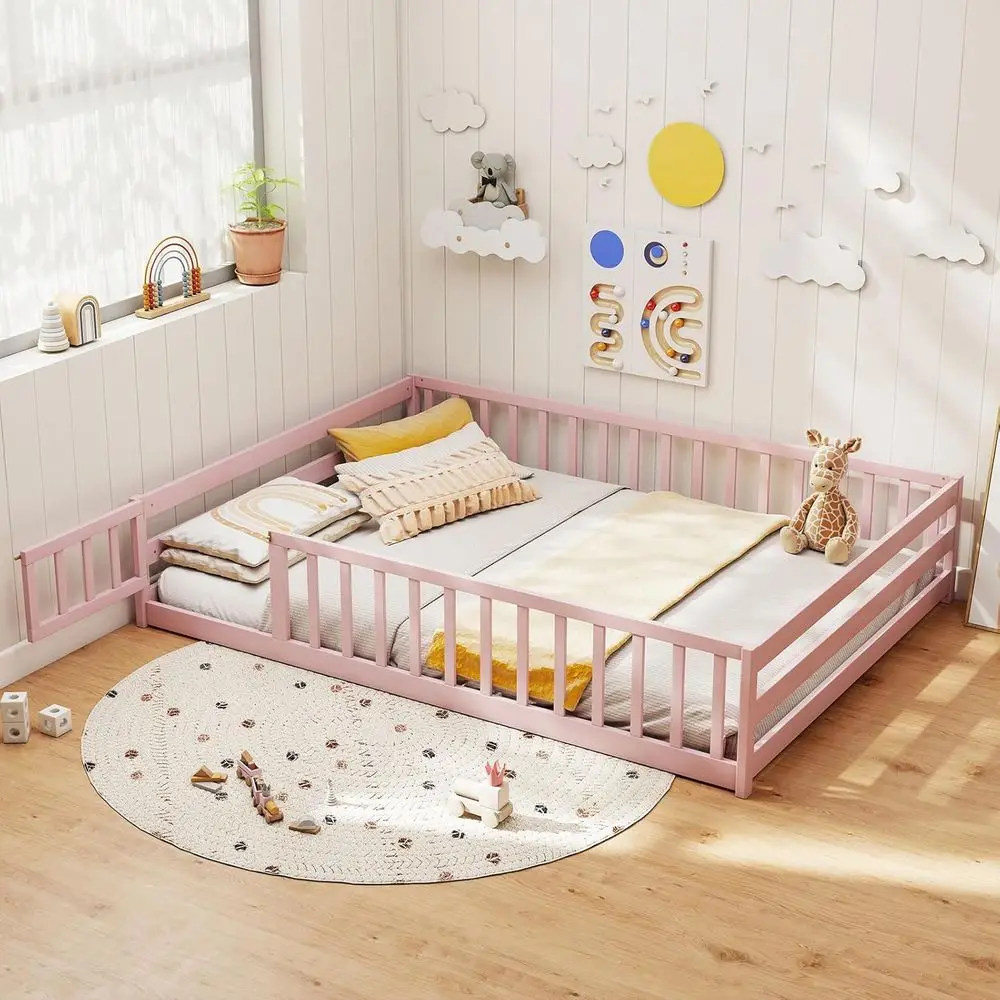 

Full Size Wooden Floor Bed with Door and Entrance, Montage Bed with Full-Length Safety Guardrails, Door, Wooden Montage Floor Be