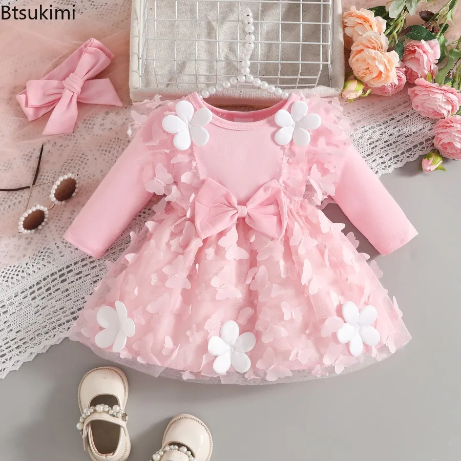 Autumn 0-18 Months Baby Girls' Dresses Skirt Long Sleeve Butterfly Mesh Patchwork Dress Hairband Newborn Girl Children Clothes