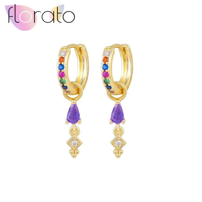 

925 Sterling Silver Needle Rose Red/Purple Water Drop Square Multi-Pendant Colorful Zircon Hoop Earrings Fashion Wedding Jewelry