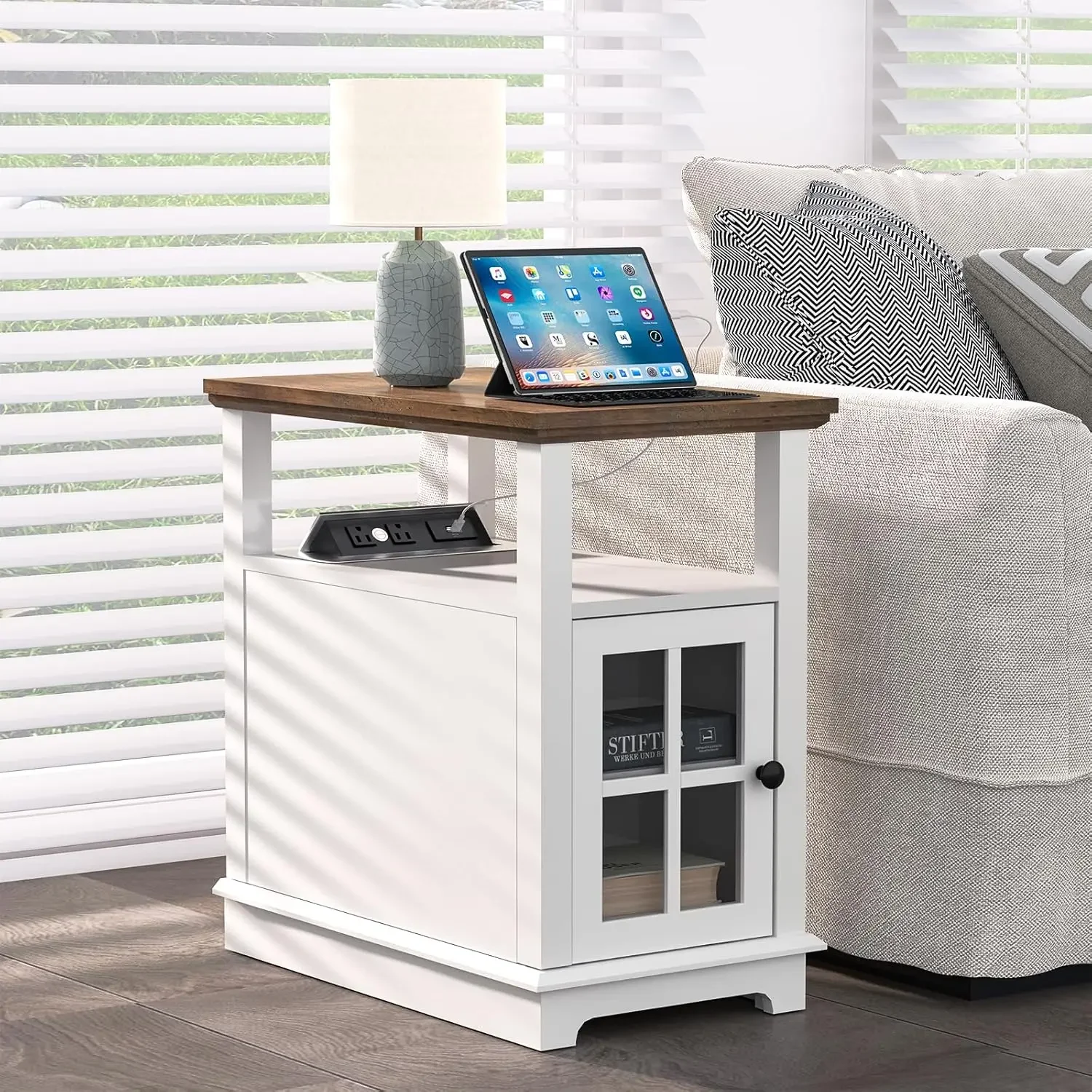 Narrow End Table with Flip Top Charging Station and Storage Cabinet, Type-C & USB Port & Power outlets, Adjustable Shel