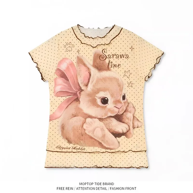 Mr. WH Japanese Harajuku Artistic Simple Fashionable New Style Short Sleeve T-Shirt Lazy Atmosphere Women's  Neck Top