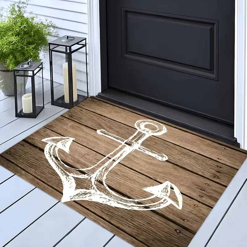 Navy Blue Golden Anchor Nautical Rope Border Doormat Non Slip  Coastal Sailor Welcome Rug Classic Marine Style Decor Carpet