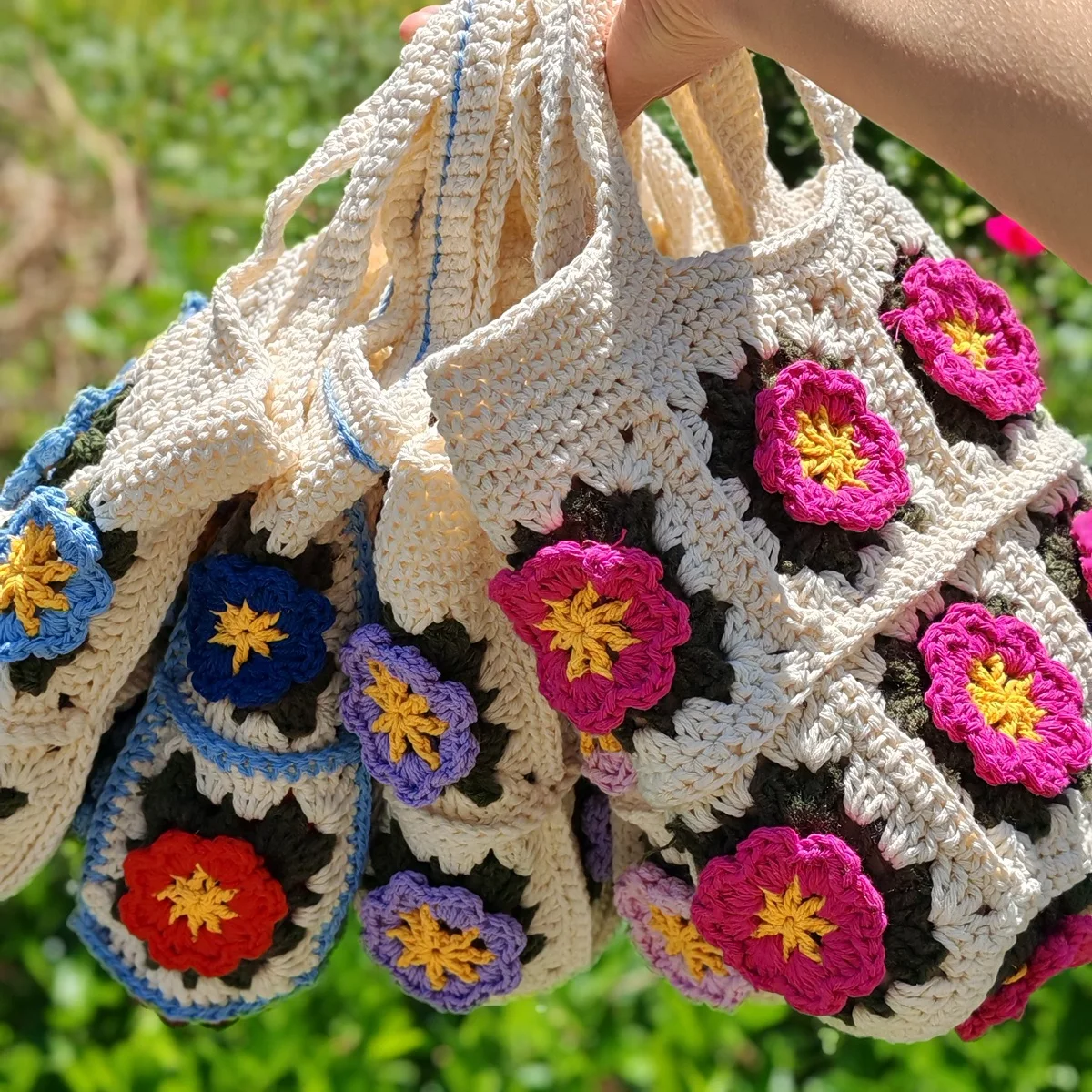 Handmade Crochet Flower Tote B - Crochet Market Bag 评论和价格