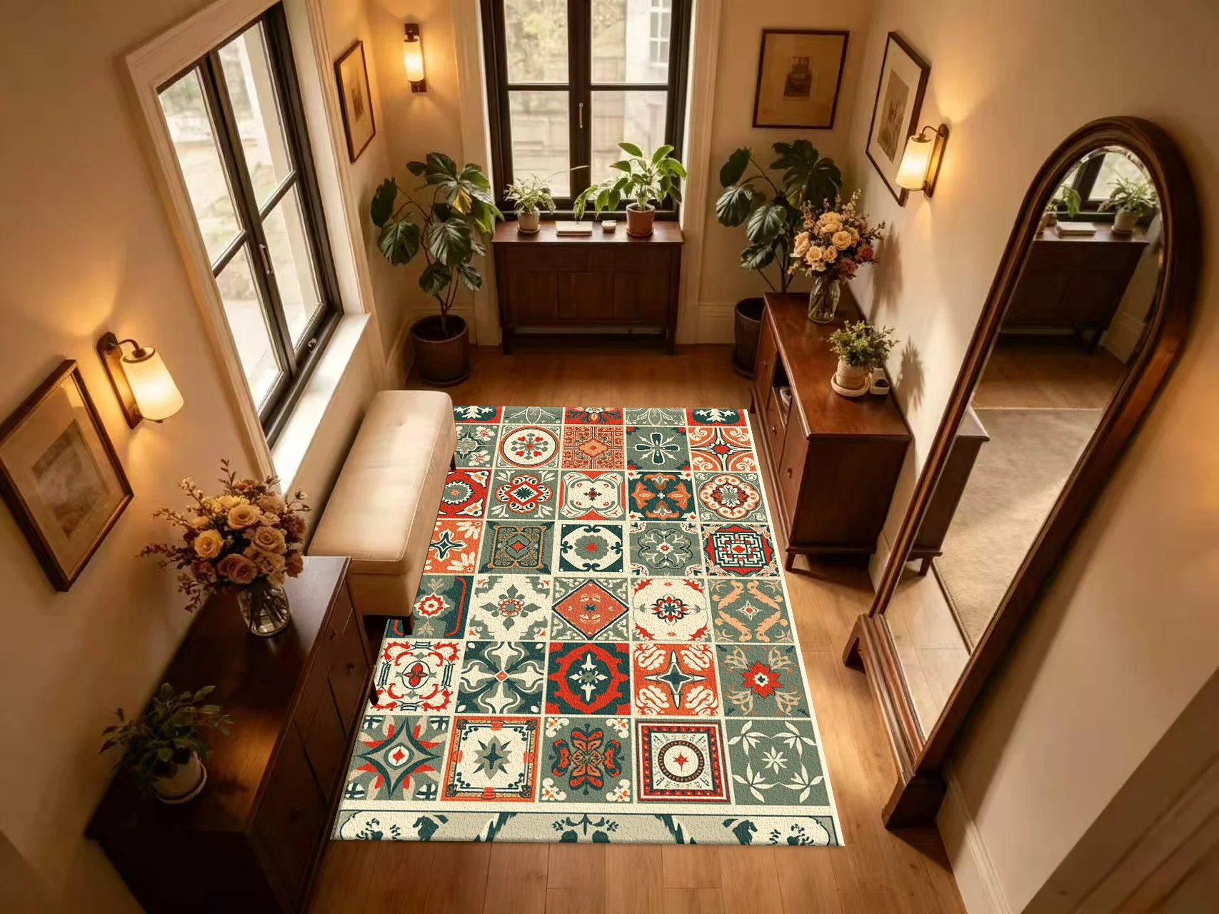 Vintage Moroccan Tile Mosaic Carpet Flooring Multi‑Pattern Patchwork Printed Square Rug for Home Indoor Decoration