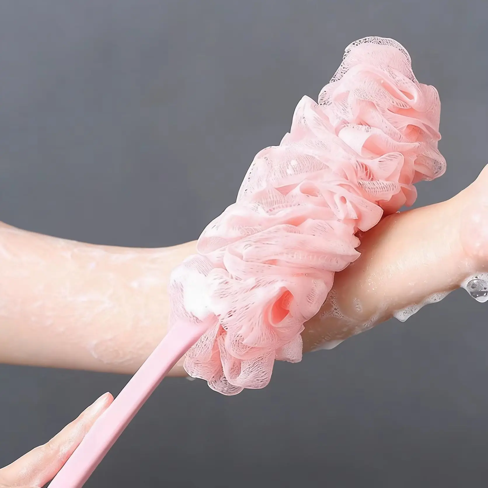 Exfoliating Shower Sponge with Long Handle Loofah Bath Ball for Spa Bathroom Use Effective Dead Skin Eraser Back Washer