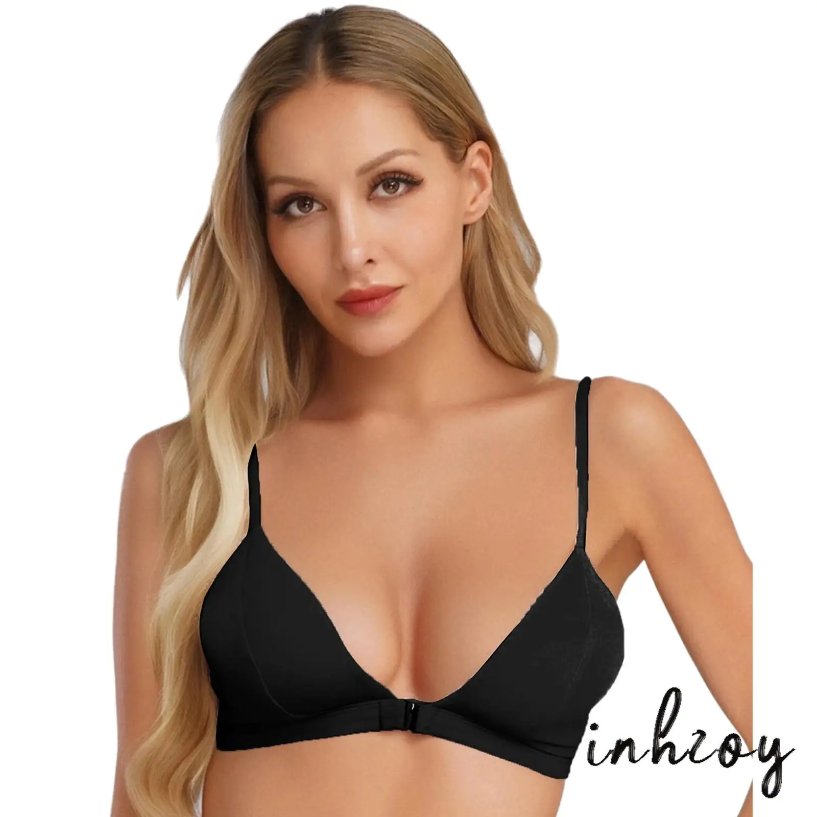 

Womens Silky Satin Triangle Bralette Crossing Spaghetti Straps Front Closure Soft Cup Bra Tops for Daily Anniversary Beachwear