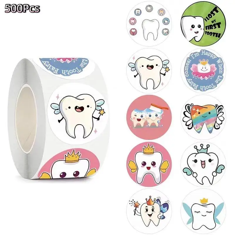 500pcs/Roll Dental Stickers Cartoon Decoration Tooth Shaped Sticker Label Sticker Dental Supplies Dentistry Dental Clinic Decals