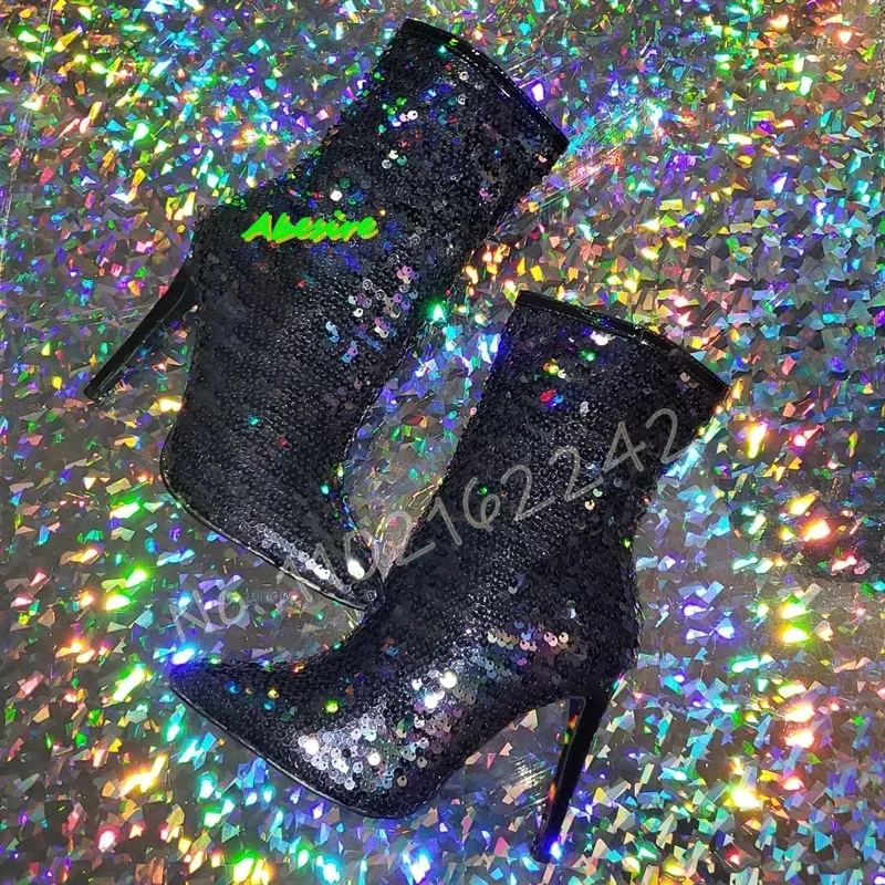Autumn New Fish Scale Sequined Short Boots Pointed Toe Stiletto Side Zipper Ankle Boots Fashion Party Dance Dress Women'S Shoes