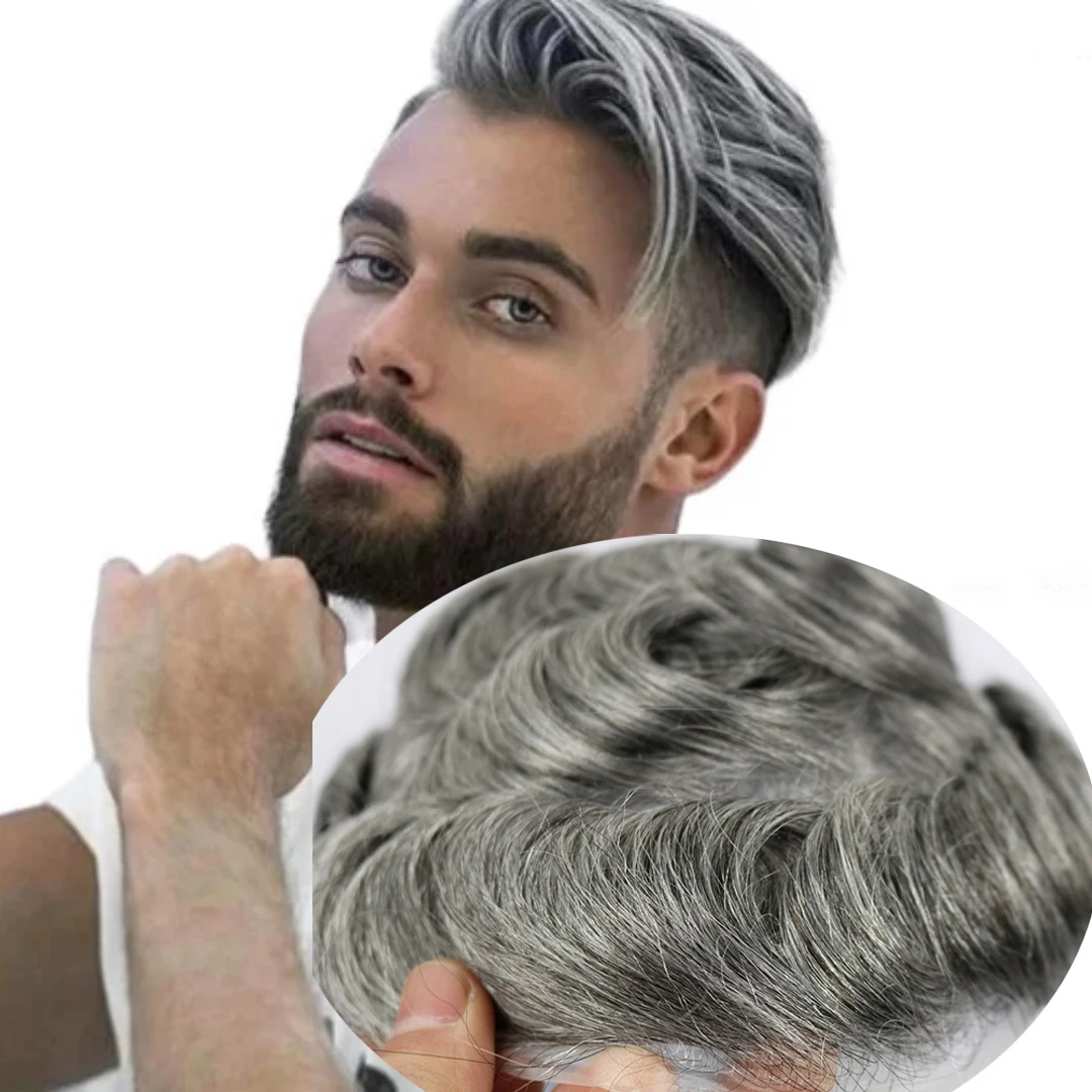 8X10 0.02mm Men Hair Replacement System Low Density Toupee Silver Grey PU Super Thin Skin 100% Human Hair Men's Hair Prosthesis
