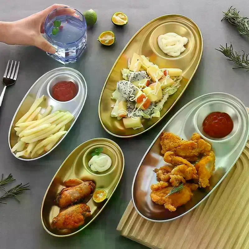 Stainless Steel Dinner Tray Snack Dish Appetizer Serving French Fries Platter Lunch Container Dumpling Plates Kitchen Gadgets