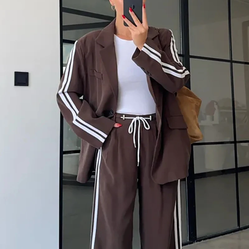 

Новый осенний повседневный полосатый костюм, элегантный офисный свободный наряд, модная куртка с длинными рукавами и длинные брюки, женский комплект из 2 предметов