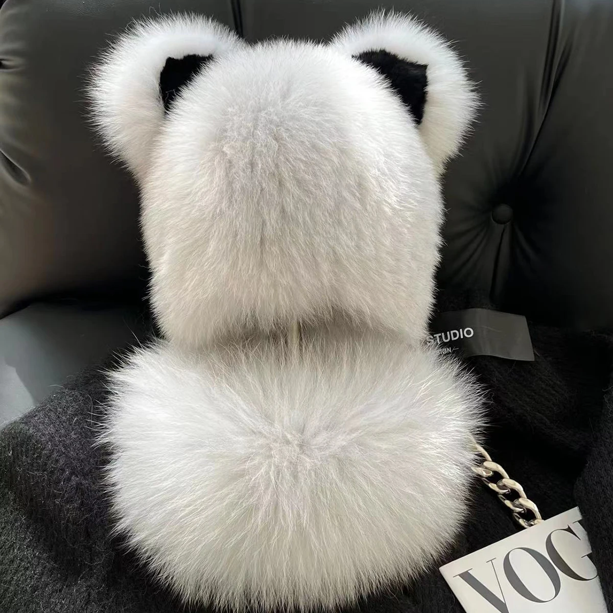 Neue Stilvolle Beanie Fuchs Pelz Hüte für Frauen Winter Warme Flauschigen Neck schal hut set Dicke Natürliche Fuchs Pelz Hut Weibliche Kuppel Hüte – Detail 9