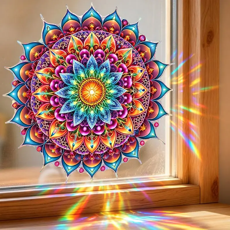 Colorful Mandala Circular Window Stickers, Painted Glass Window Stickers, Waterproof Living Room Window Decoration Stickers