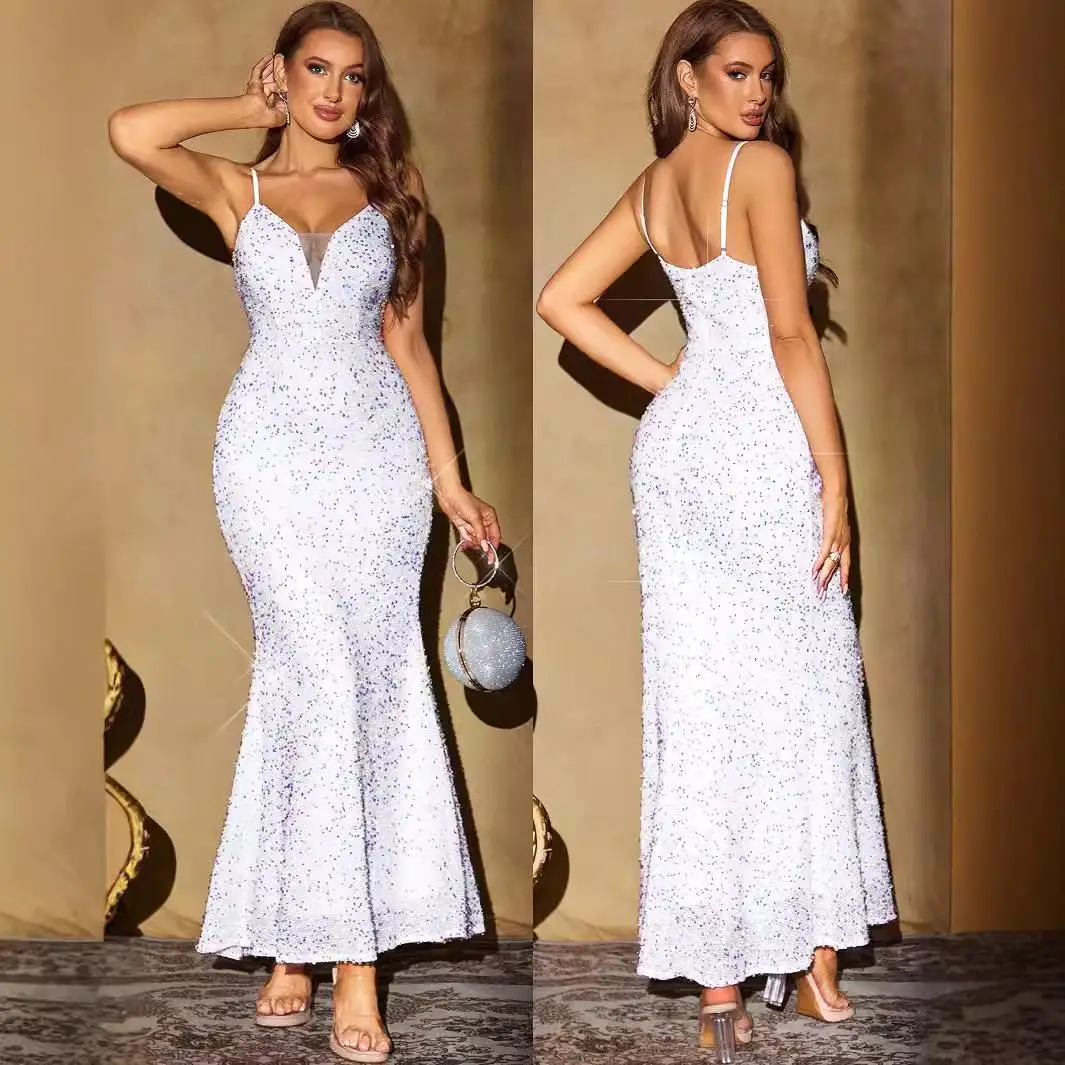 Sexy Bal blanc paillettes soirée Dr robe de bal taille moyenne Fi queue jupe Ele Sle No Sve t-shirt fibre d'acétate
