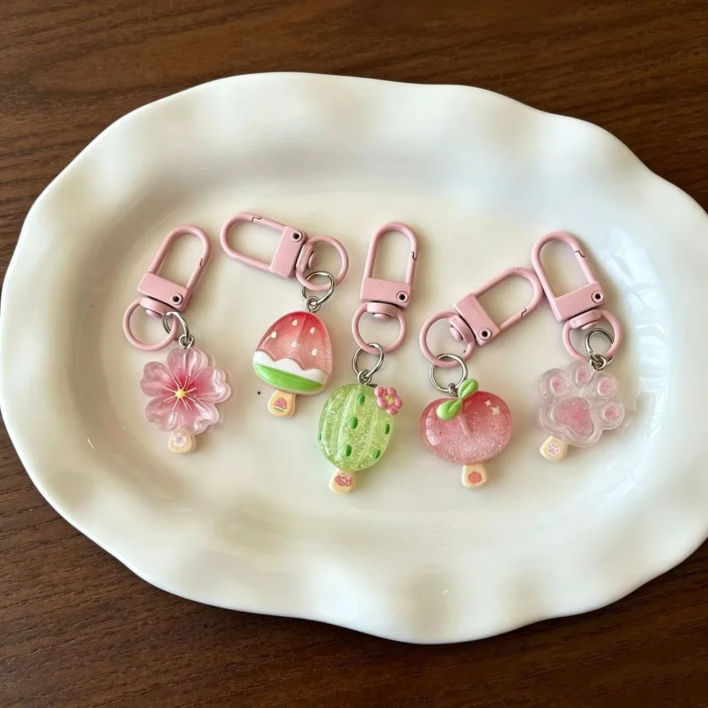 Cute Pink Resin Popsicle Keychain Kawaii Novelty Cat Paw Cactus Cherry Blossom Bag Charm For Daily Decoration Gift