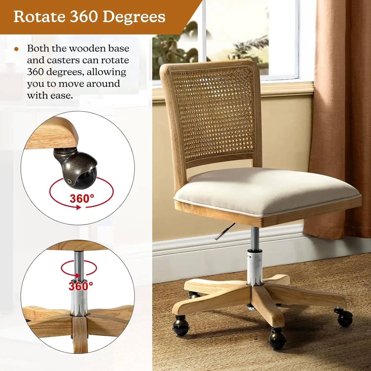 Office Chair Comfortable Upholstered Armless Desk Chair, Adjustable Swivel Rolling Computer Chair with Rattan Mid-Back Support,