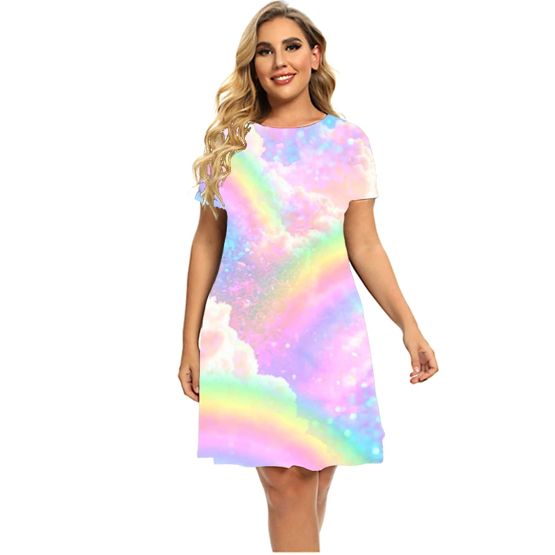 Sterren En Maan Gradiënt Regenboog Vrouwen Jurk Fashion Sweet Korte Mouw O-hals Party A-lijn Jurk 2023 Zomer Plus Size Jurken