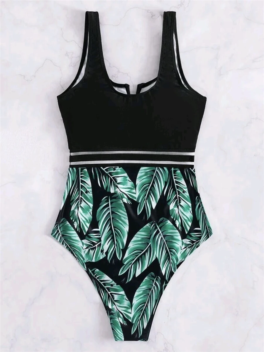 V Wire Mesh Tape Swimsuit 2023 One Piece Sexy Swimwear Women Leaf Printed Bathing Suit Female Padded Swimming Beachwear Bodysuit